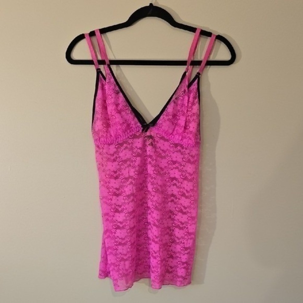 Just Sexy Lingerie Hot Pink Floral Lace Chemise Nightgown Black Trim Small